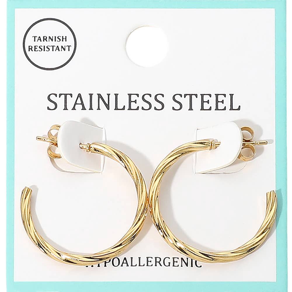 Twisted Stainless Steel Hoop Earrings : Gold