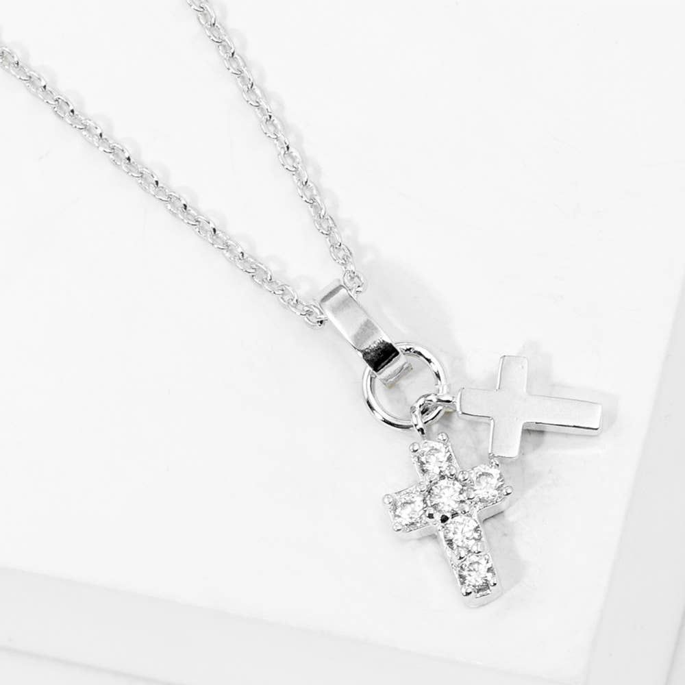 Gold Dipped CZ Stone Paved Double Cross Pendant Necklace: Silver