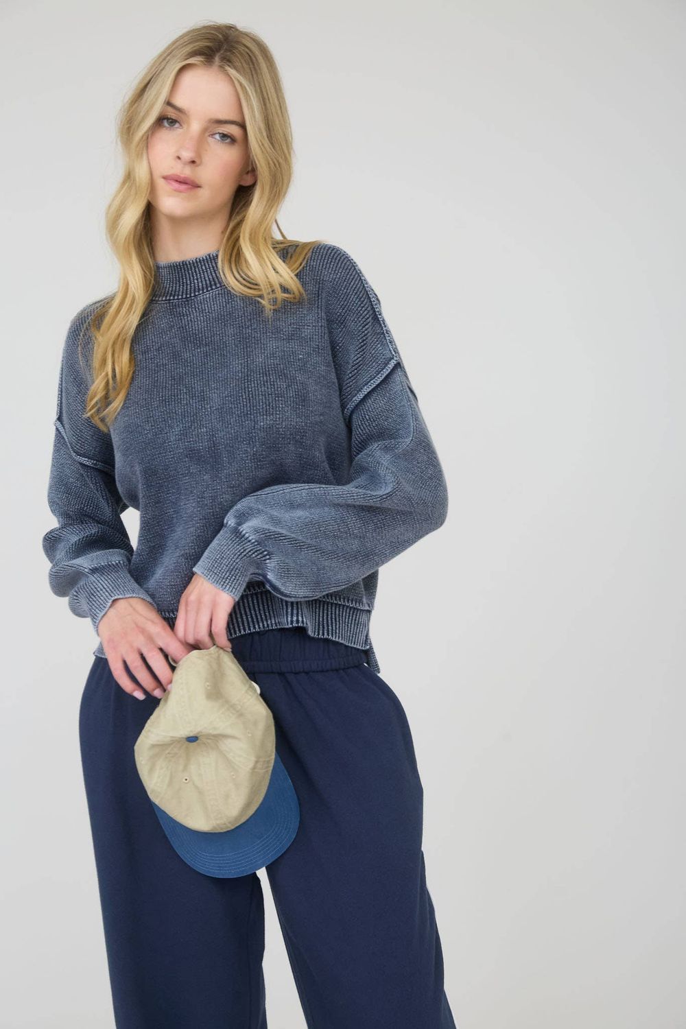 WASHED MOCK NECK LONG SLEEVE KNIT PULLOVER SWEATER: NAVY