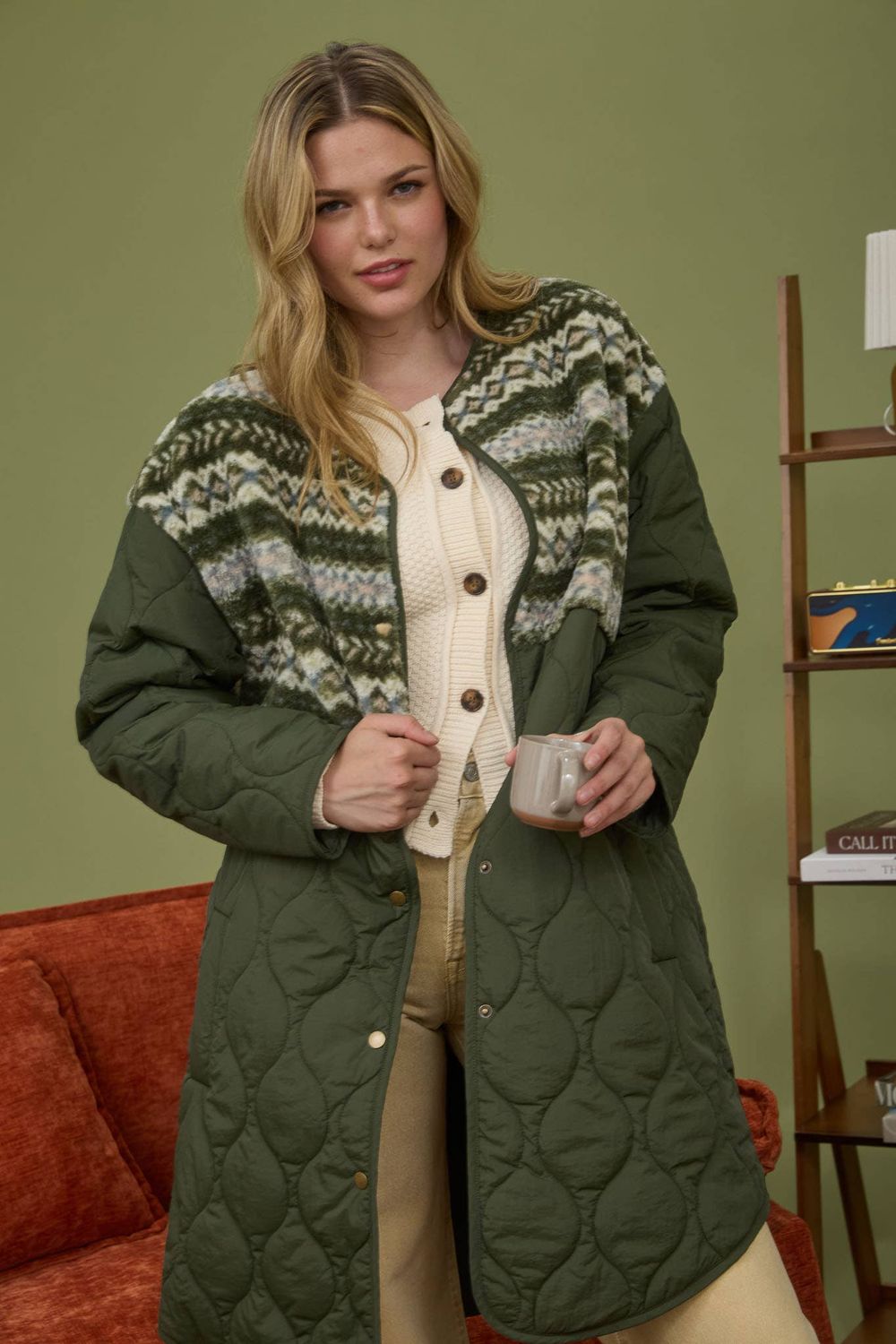 Sherpa Detail Quilted Long Puffer Coat : Olive