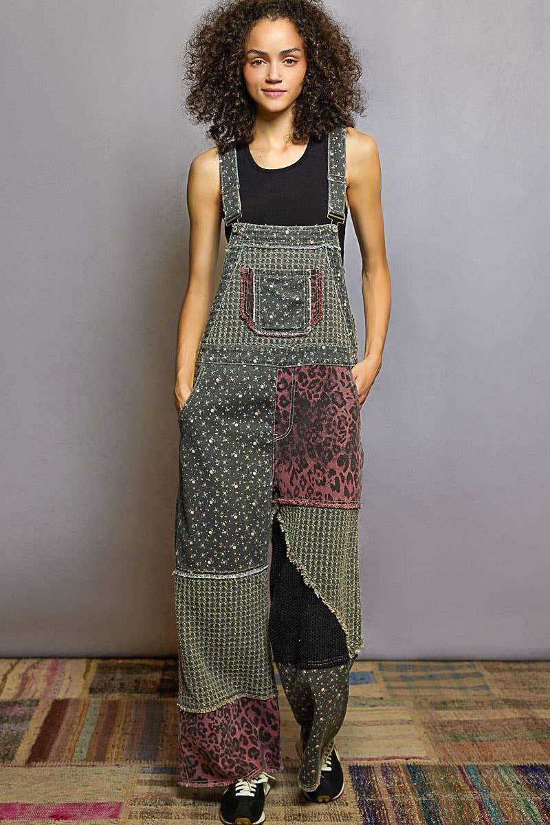 Animal/Floral Print Frayed Edge Twill Woven Overalls