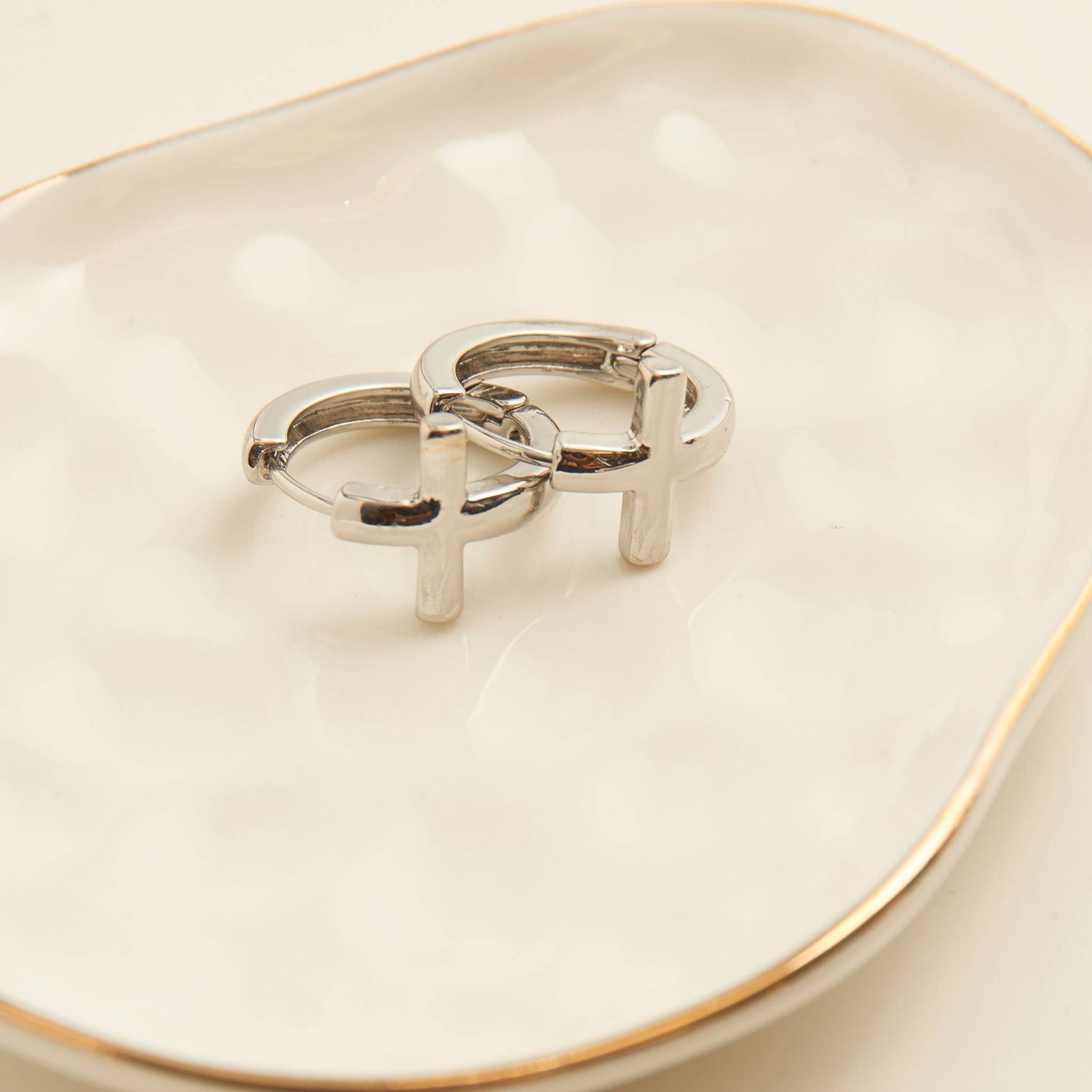 Cera Inspirational Cross Hoop Earrings: Silver
