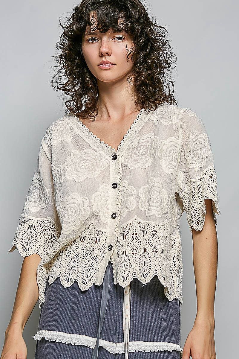 Crochet Trim Neckline Short Sleeve Jacket Top: NATURAL / OS
