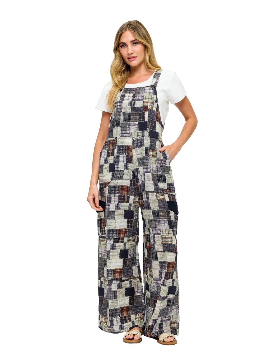 Boho Patchwork Print Overall: Brown Multi