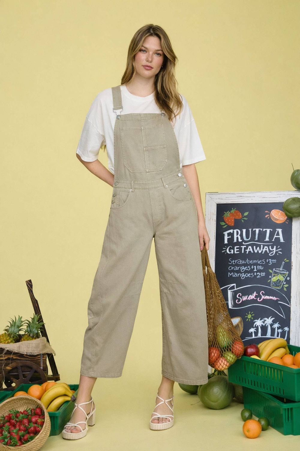 WIDE LEG CROPPED OVERALLS : STONE