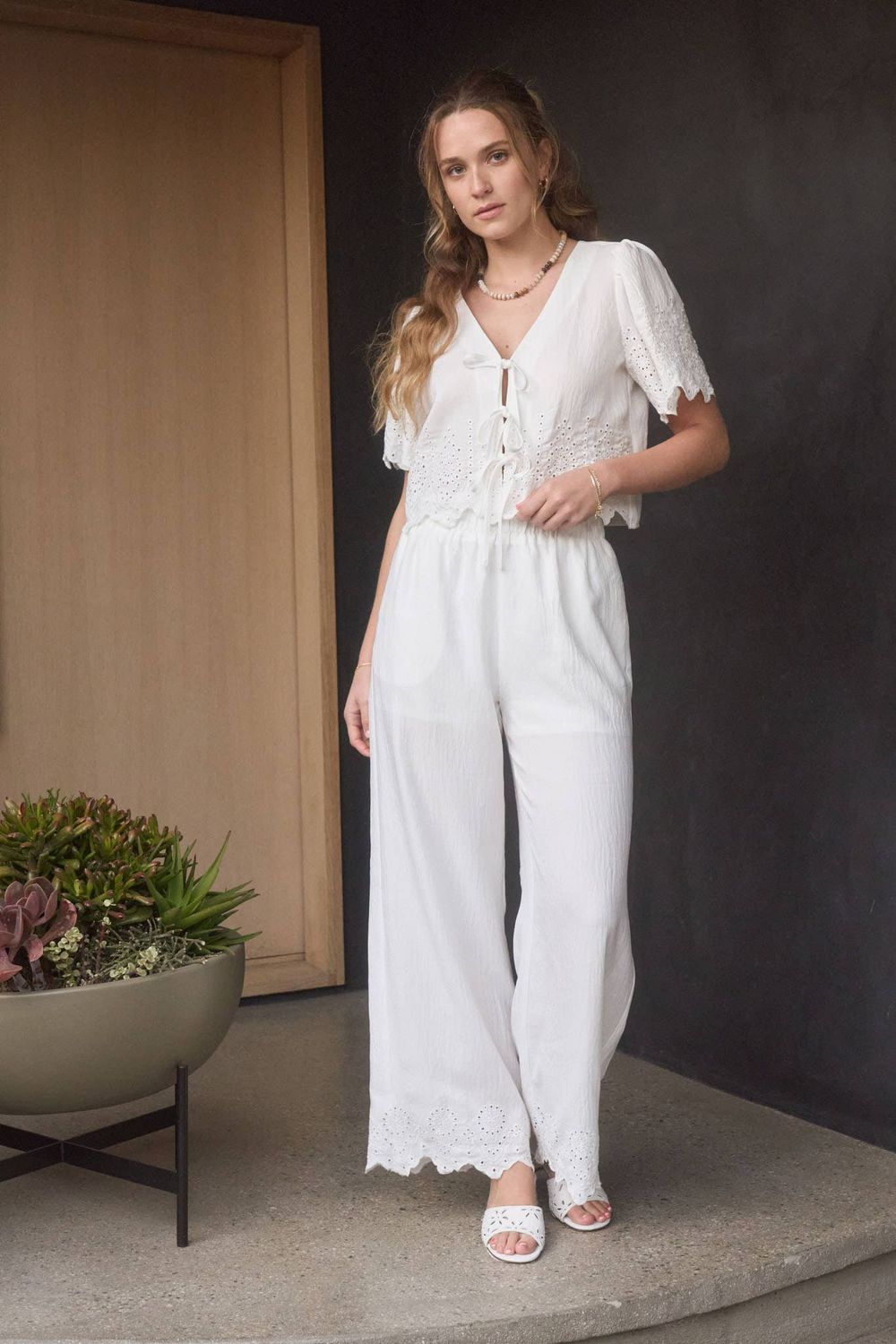EYELET TRIM FRONT TIE BLOUSE AND WIDE LEG PANT SET: WHITE