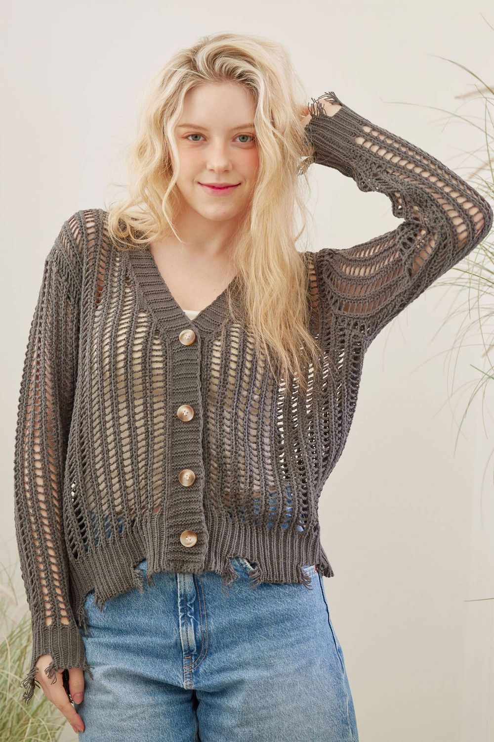 See Through  Distressed Cardigan: Charcoal