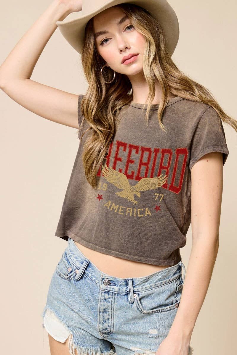 Free Bird America 1977 Graphic Potassium Wash Faux Crop Tee: ESPRESSO