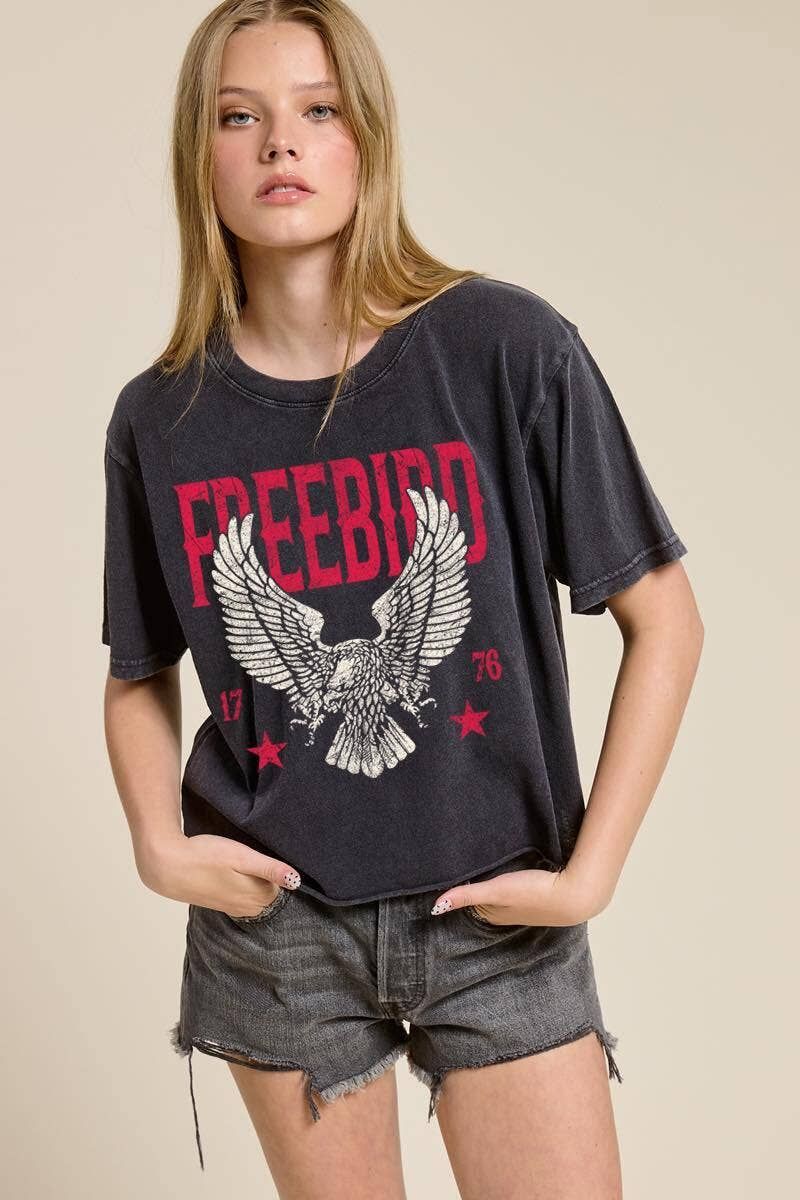 Free Bird 1776 Vintage Graphic Raw Hem Faux Crop Tee: BLACK