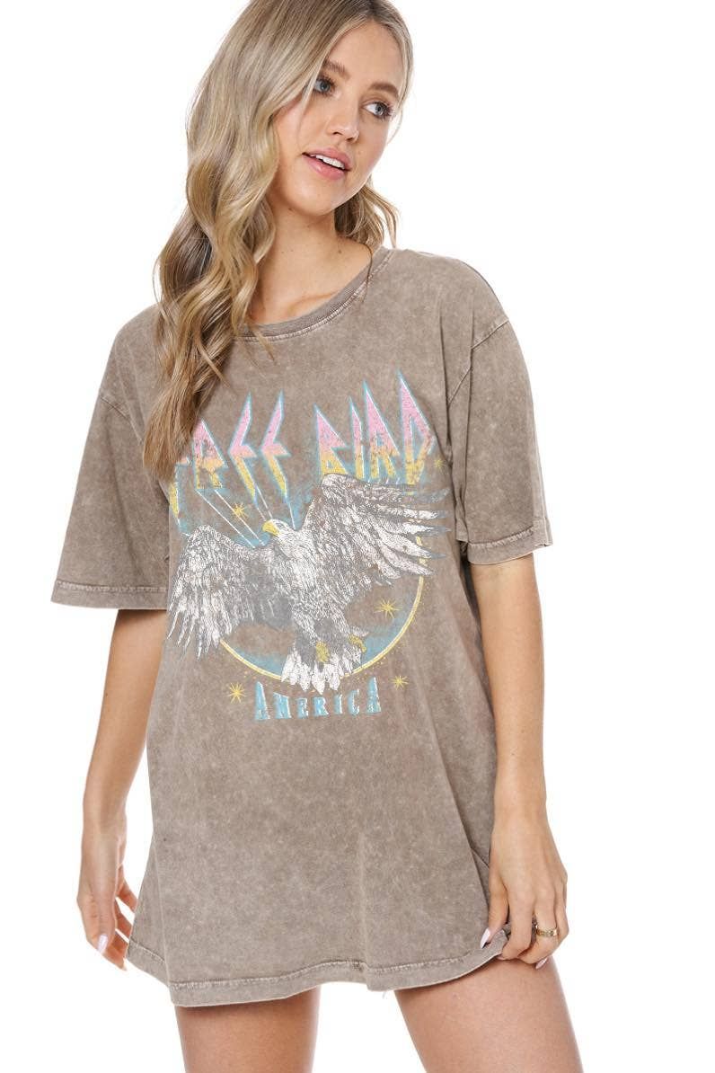 Free Bird America Eagle Graphic S/S Washed Boyfriend Fit Tee: Mocha
