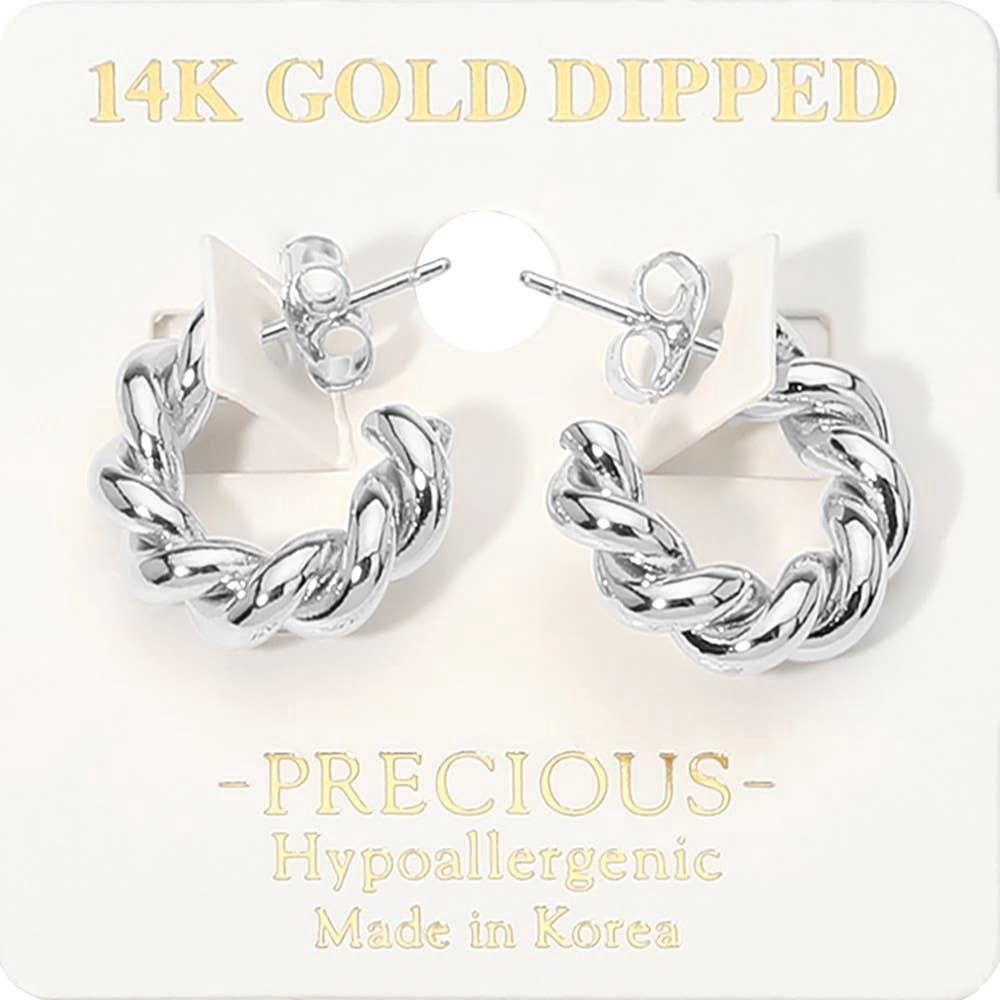 14K Gold Dipped Hypoallergenic Twisted Hoop Earrings: Silver