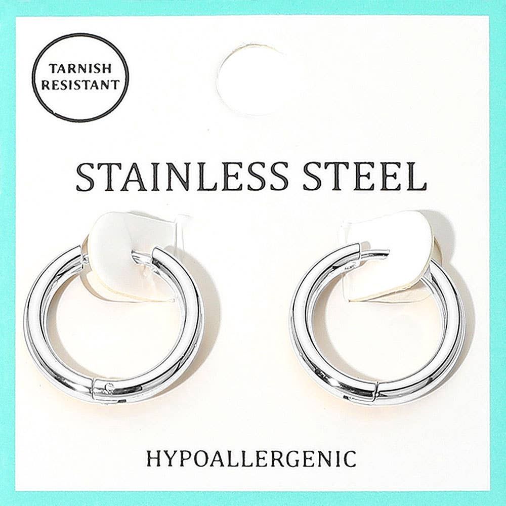 Stainless Steel Hypoallergenic Huggie Hoop Earrings: Rhodium