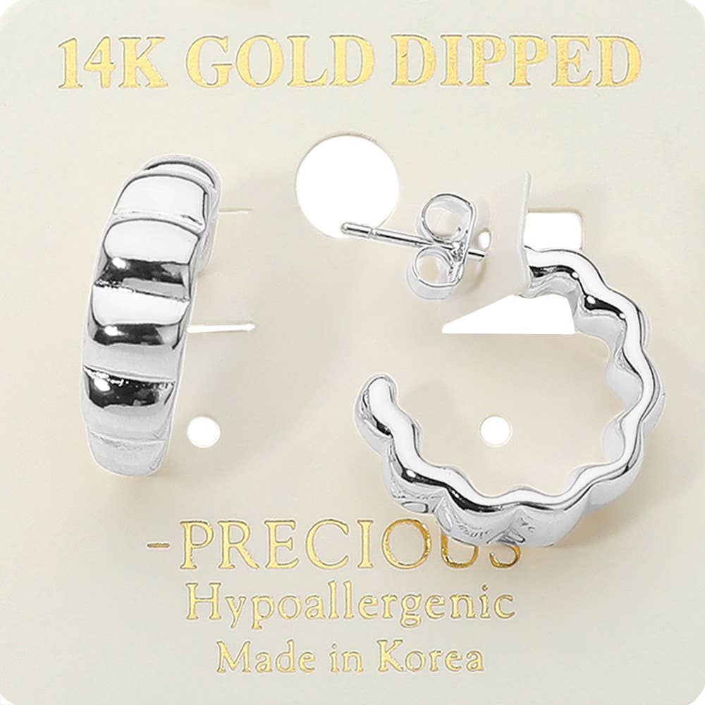14K Gold Dipped Wavy Ribbed Hoop Earrings: Rhodium