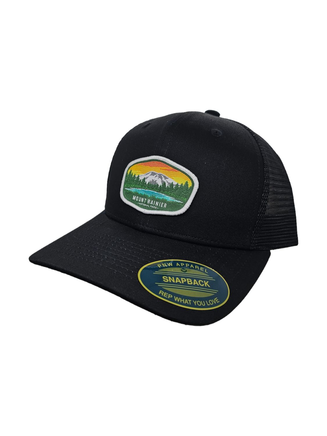 Mount Rainier National Park Snapback Trucker Hat w/ Patch: Black on Black Mesh