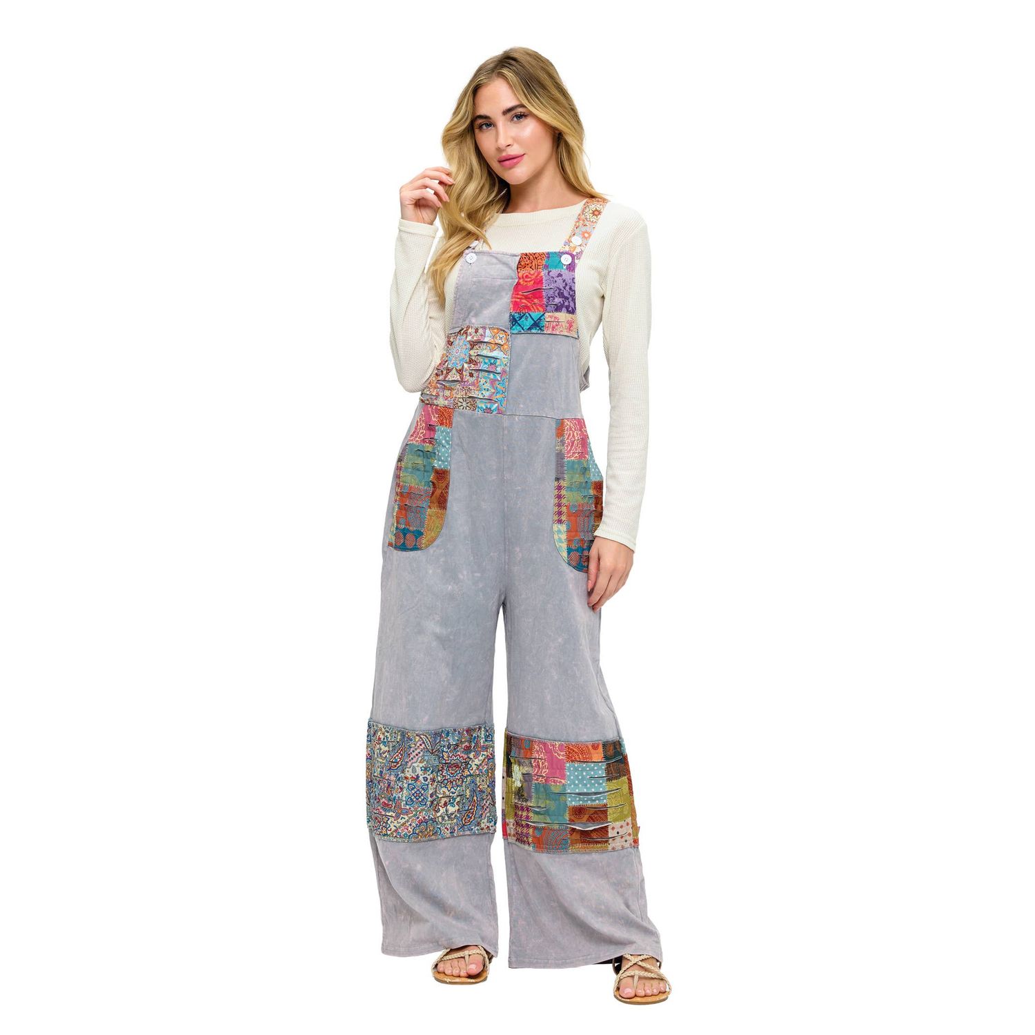 Boho Print  Patchwork Overall Razor Cut: Gray