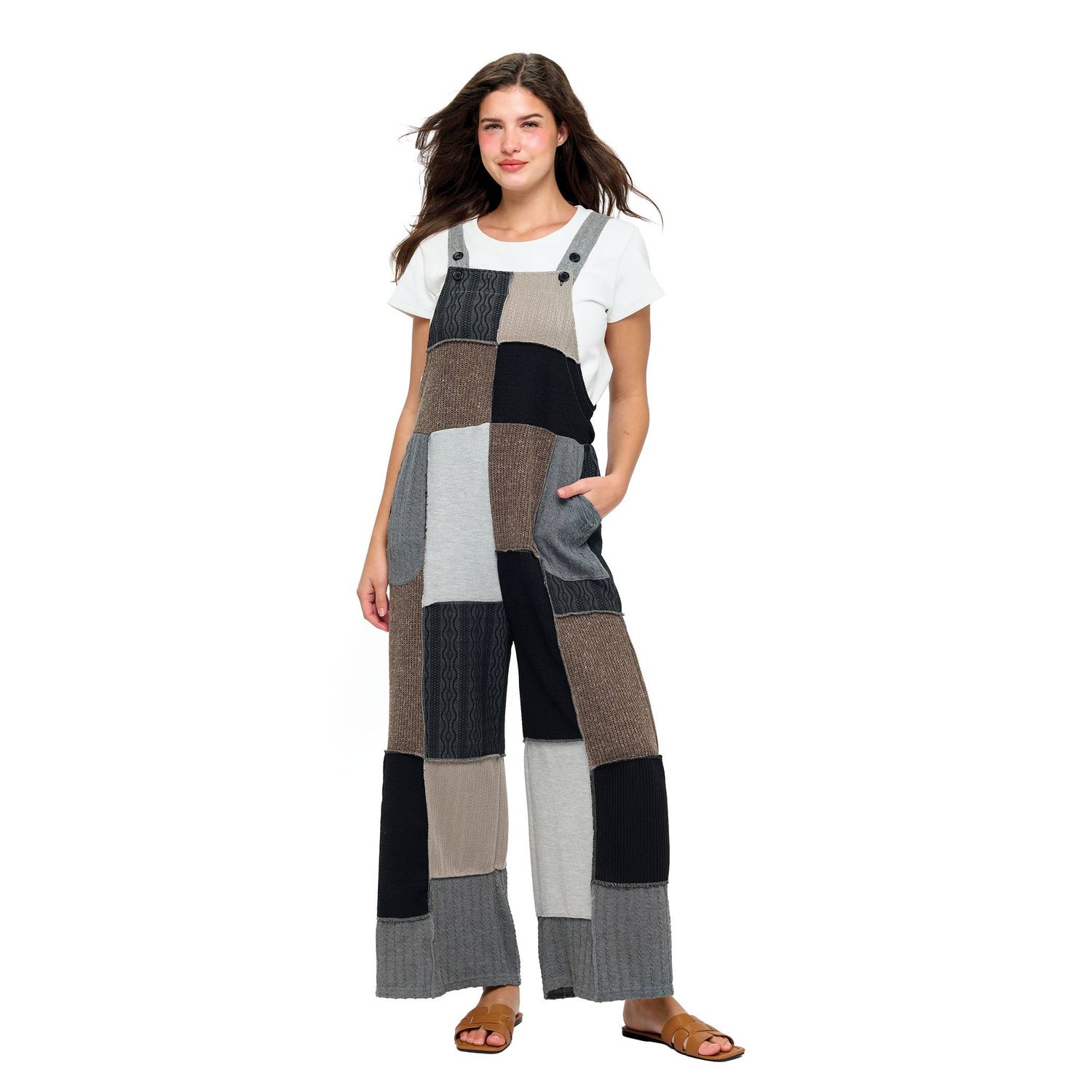 Colorblock Boho Ribbed Patchwork Overall: Gray