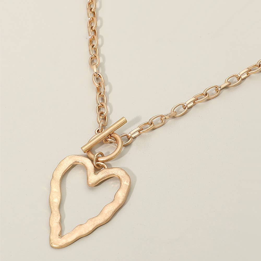 Hammered Metal Open Heart Toggle Pendant Necklace: Worn Gold