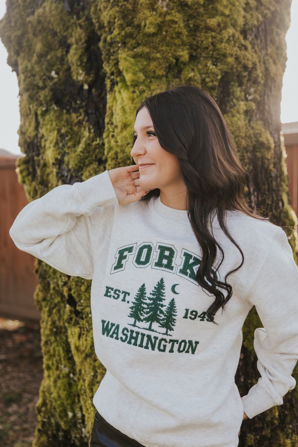 Forks Tree + Moon Embroidered Crewneck Sweater