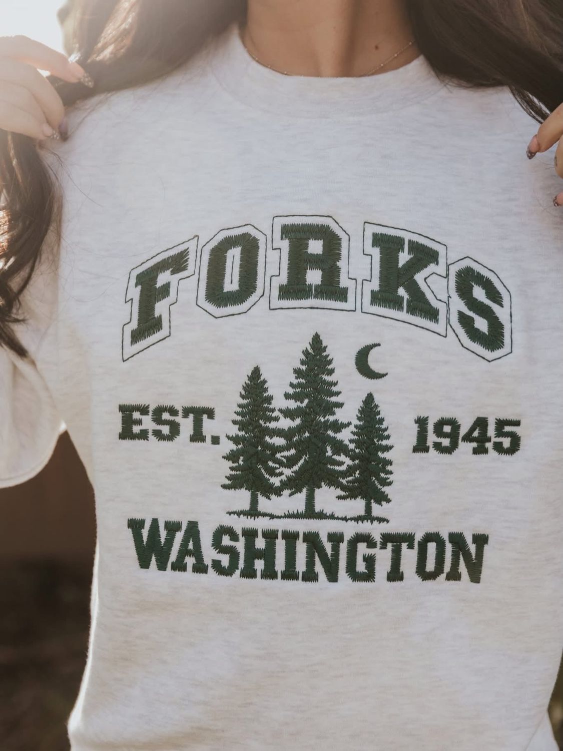 Forks Tree + Moon Embroidered Crewneck Sweater, Color: Oatmeal Heather, Size: Small