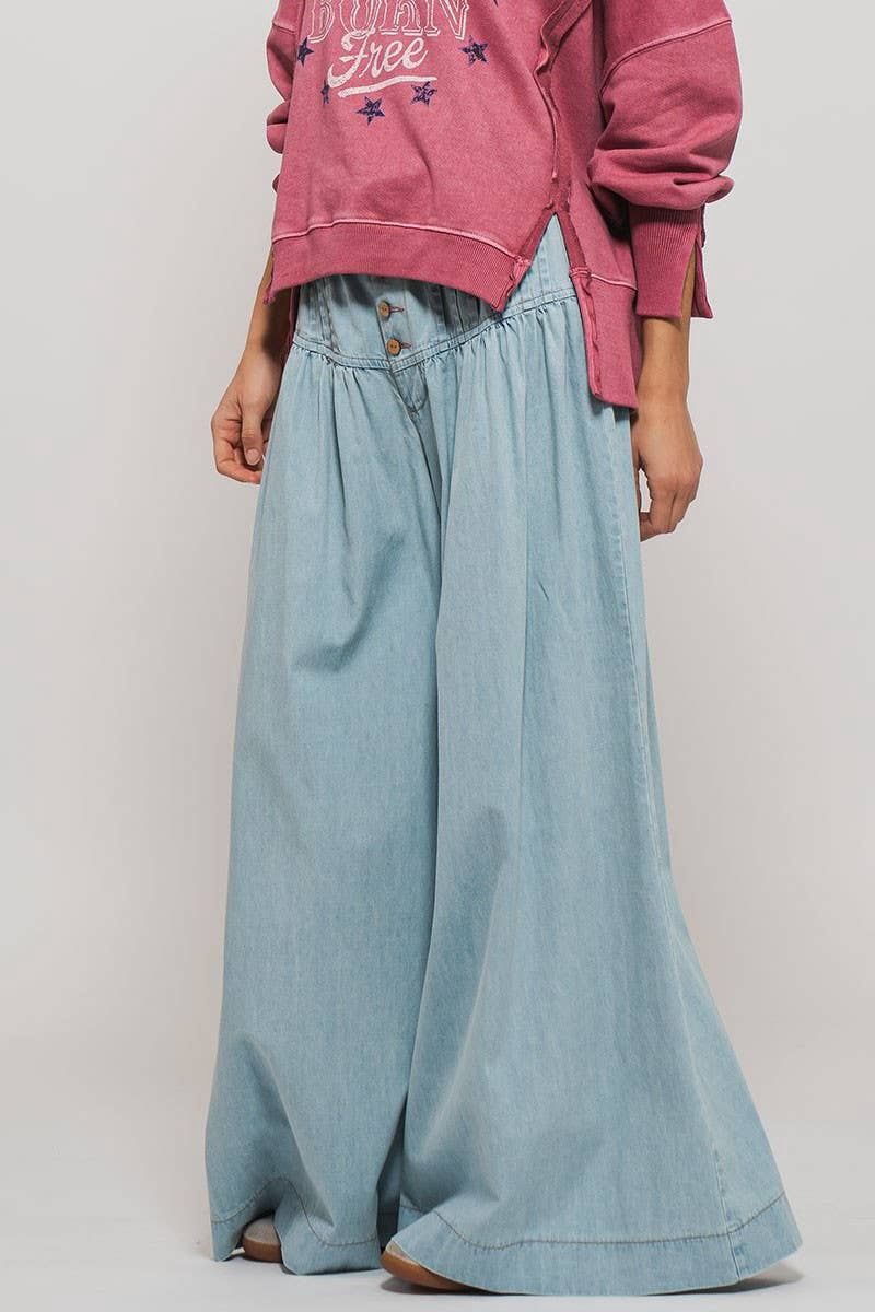 Pleated Wide-Leg Button Closure Pants: DENIM / S-2/M-2/L-2