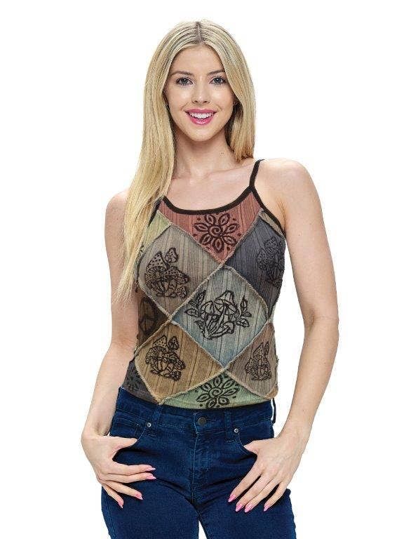 Crop Top Hippie Tank Patchwork Art Printed: Blue