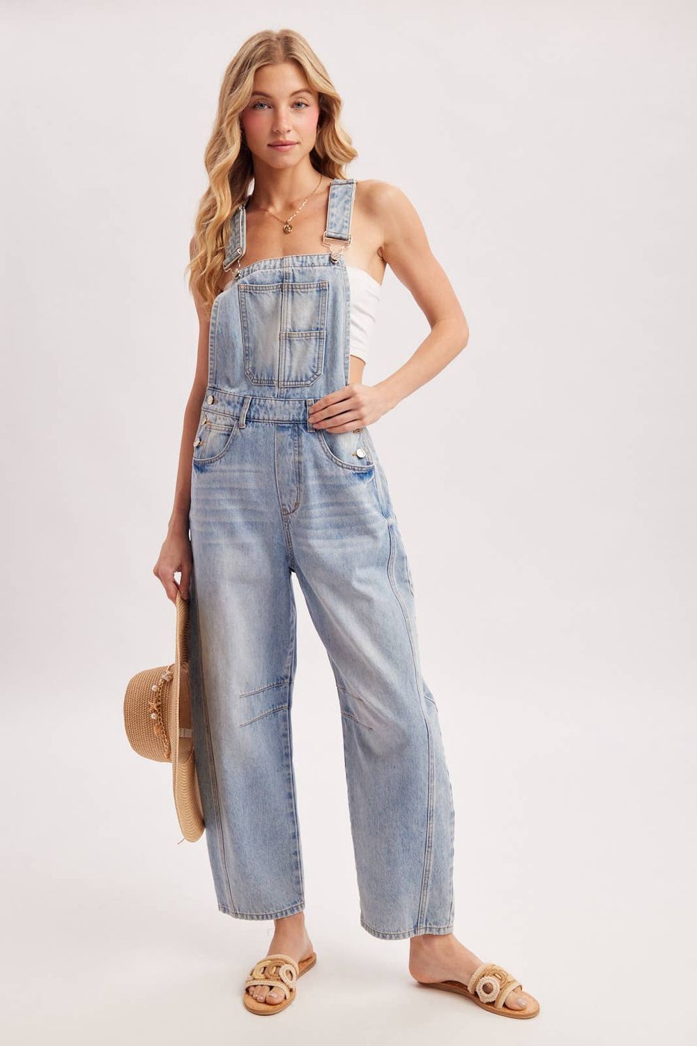 DENIM BARREL OVERALLS: LT.WASH / L
