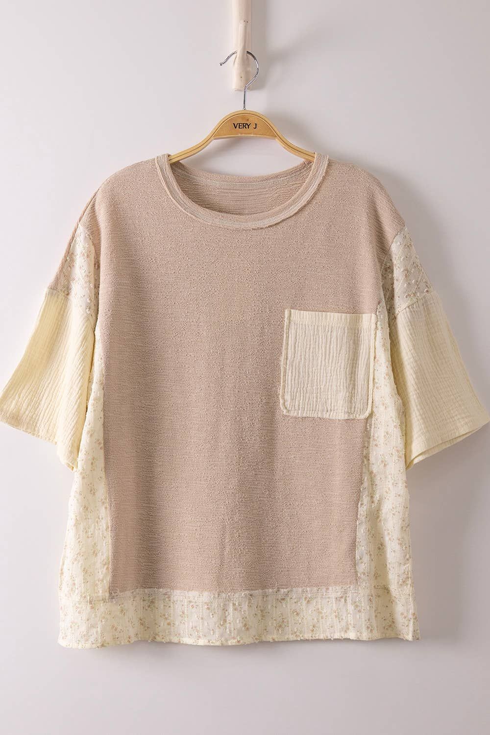 Oversized Mixed Media Knit Top: TAUPE