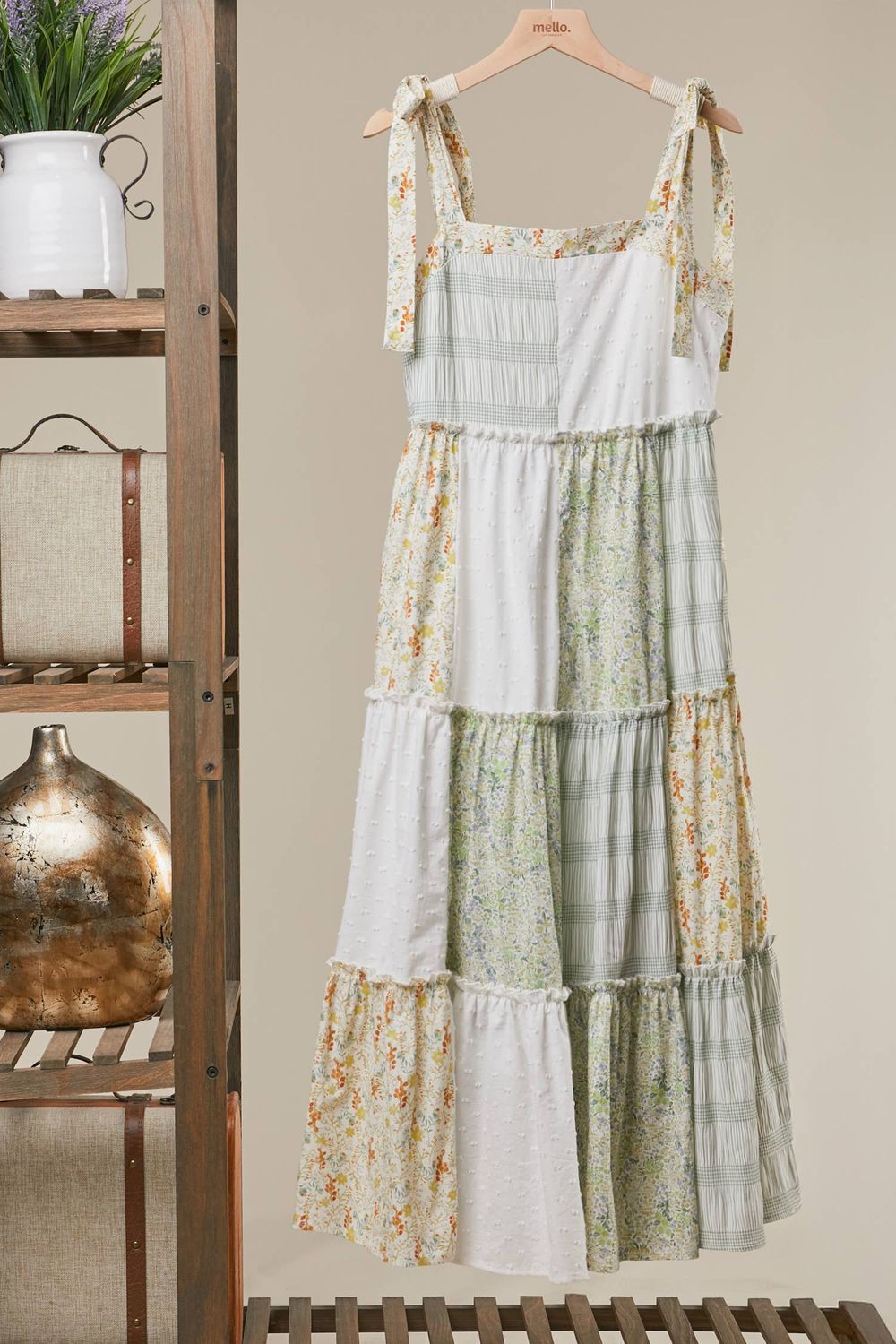 Patchwork Tie-Shoulder Tiered Maxi Dress: Ivory Multi