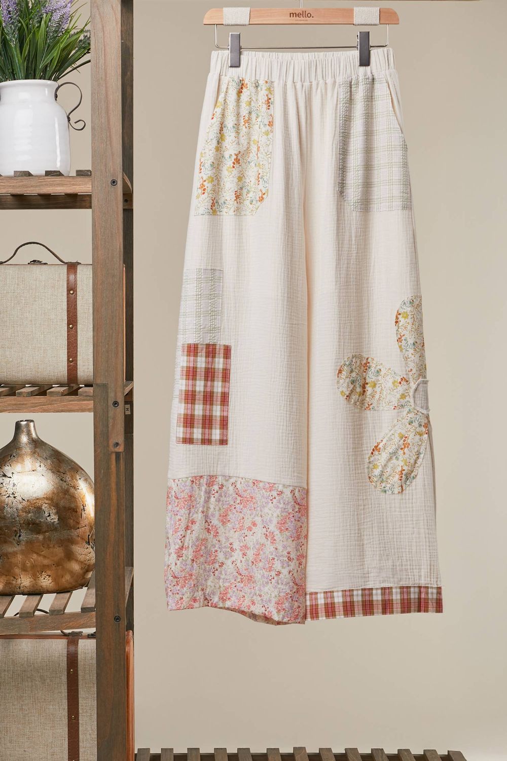 Boho Patchwork Wide Leg Pants: Ivory Multi