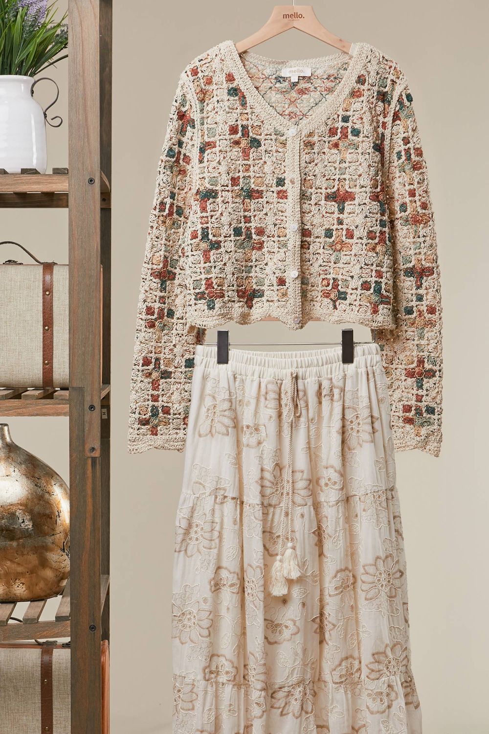 Boho Patchwork Crochet Button Cardigan: Ivory