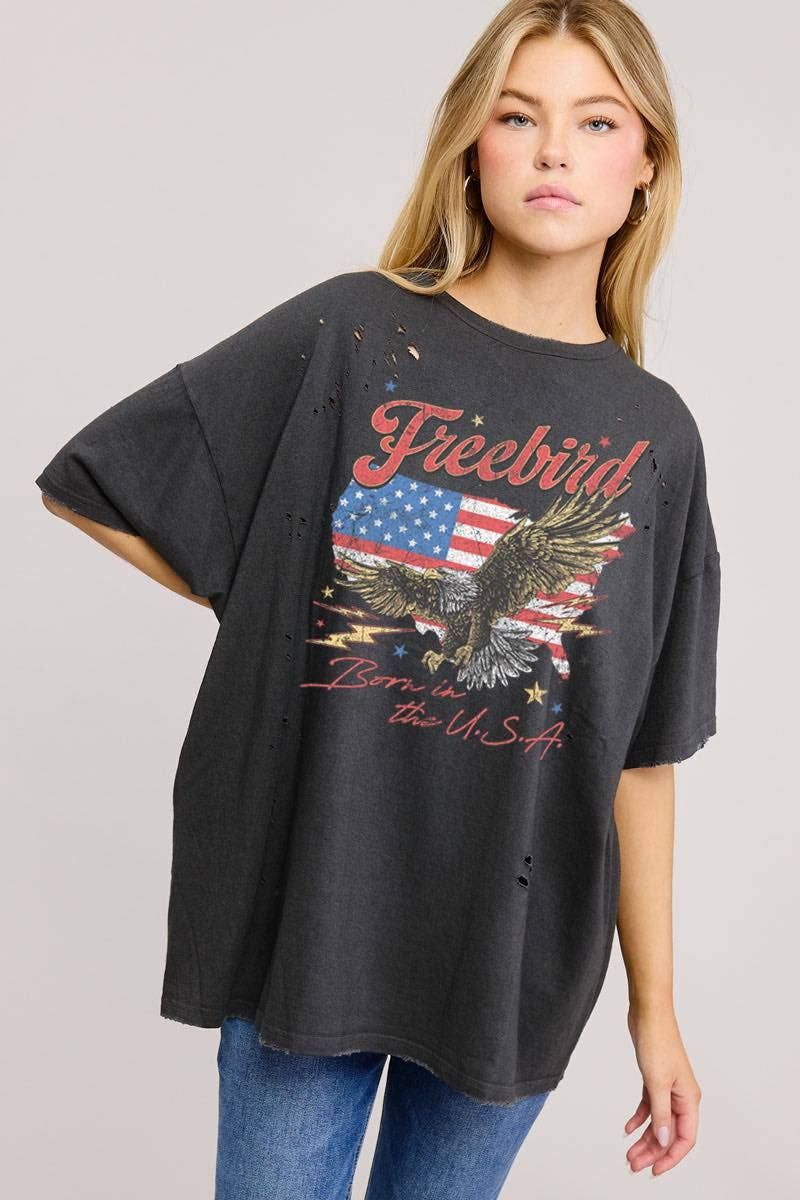 Free Bird Eagle USA Graphic S/S Oversized Seamless Tee: BLACK