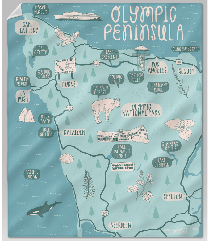 Olympic Peninsula Hand Drawn Map Blanket