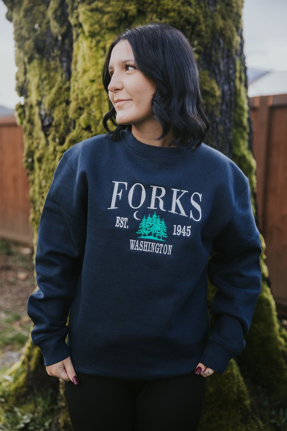Forks, WA Trees Est. Embroidered Crewneck, Color: Navy, Size: Small