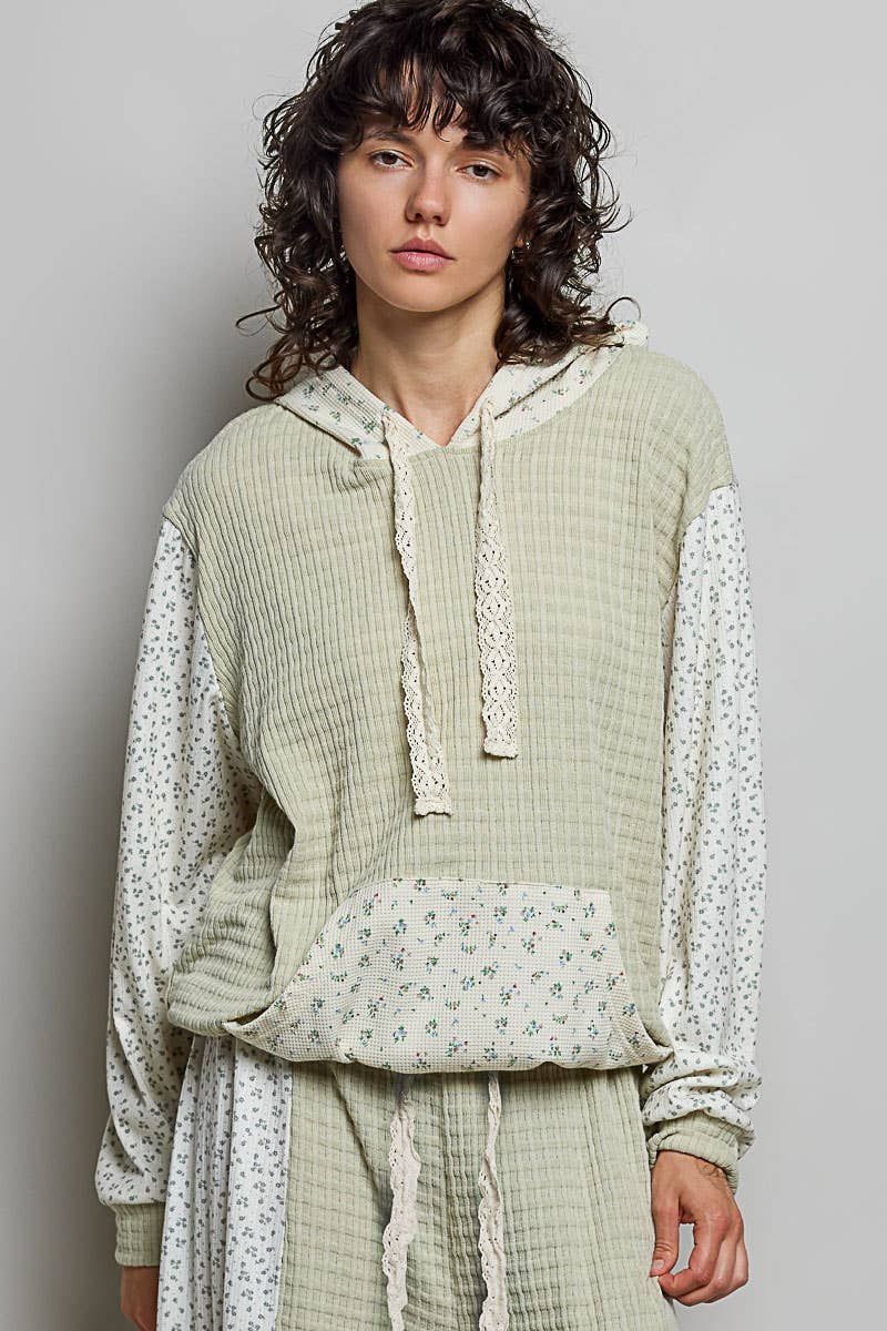 Kangaroo Pocket Mixed Knit Contrast Sleeve Hooded Pullover: SAGE MULTI