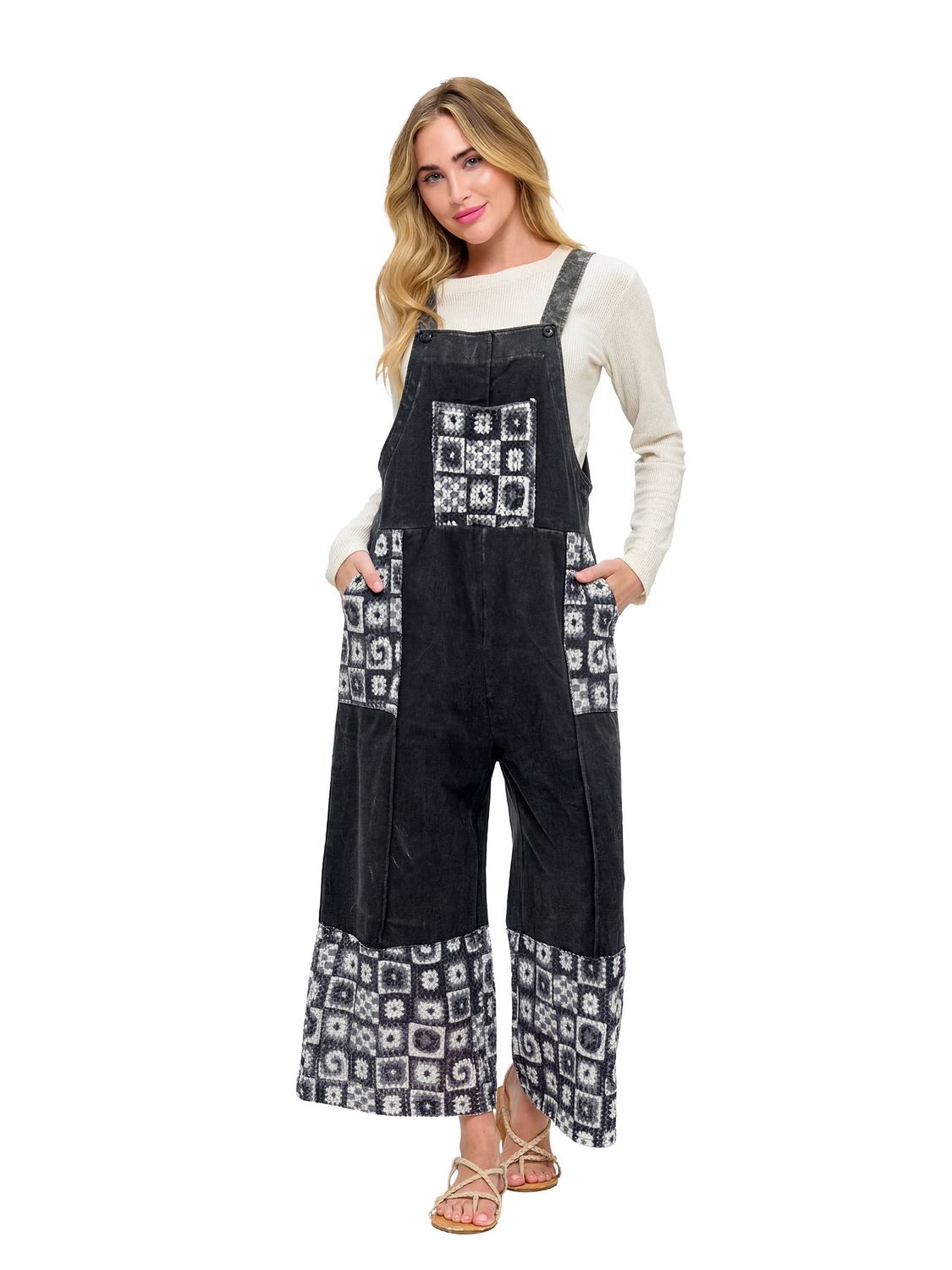 Overall Vintage Washed Colorblock Lace Applique: Charcoal
