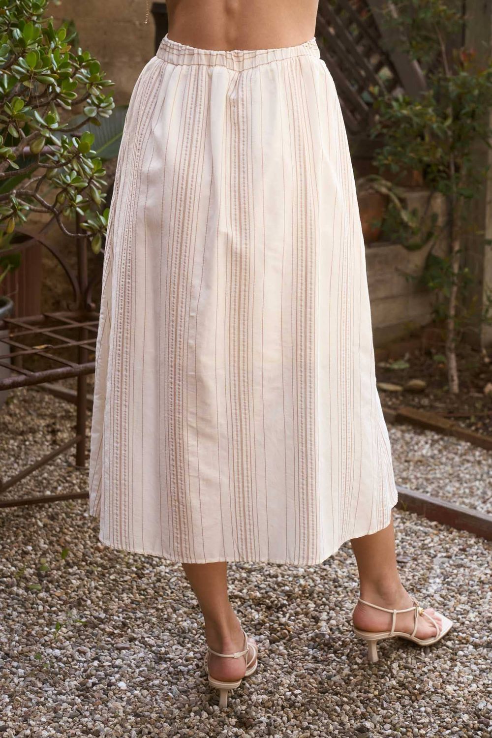 STRIPE MOCK BUTTON DOWN MIDI SKIRT: KHAKI