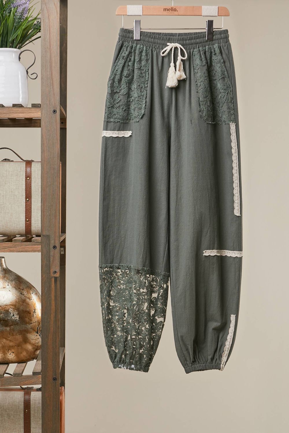 Lace Accents Patchwork Crochet Jogger Pants: SAGE