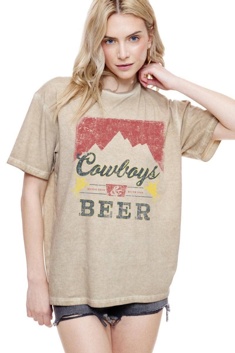 Cowboys &amp; Beer Vintage Western Graphic S/S Lunar Dye Tee: TAUPE