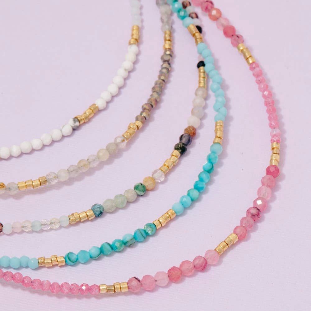 Mixed Semi Precious Faceted Stone Beaded Necklace: Pink