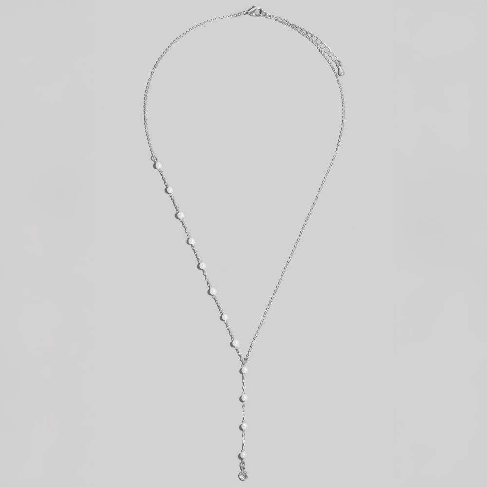 Dainty Chain Pearl Bead Lariat Necklace: Silver