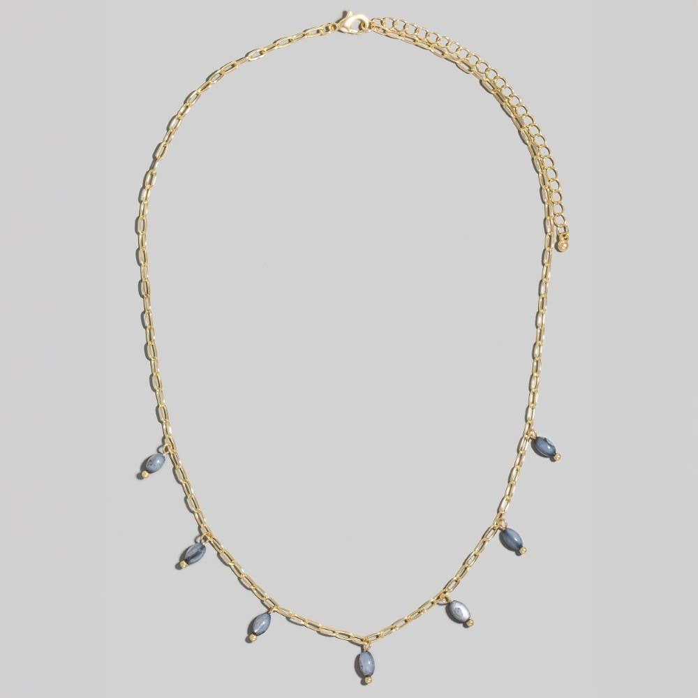 Oval Glass Beads Station Chain Necklace: Grey