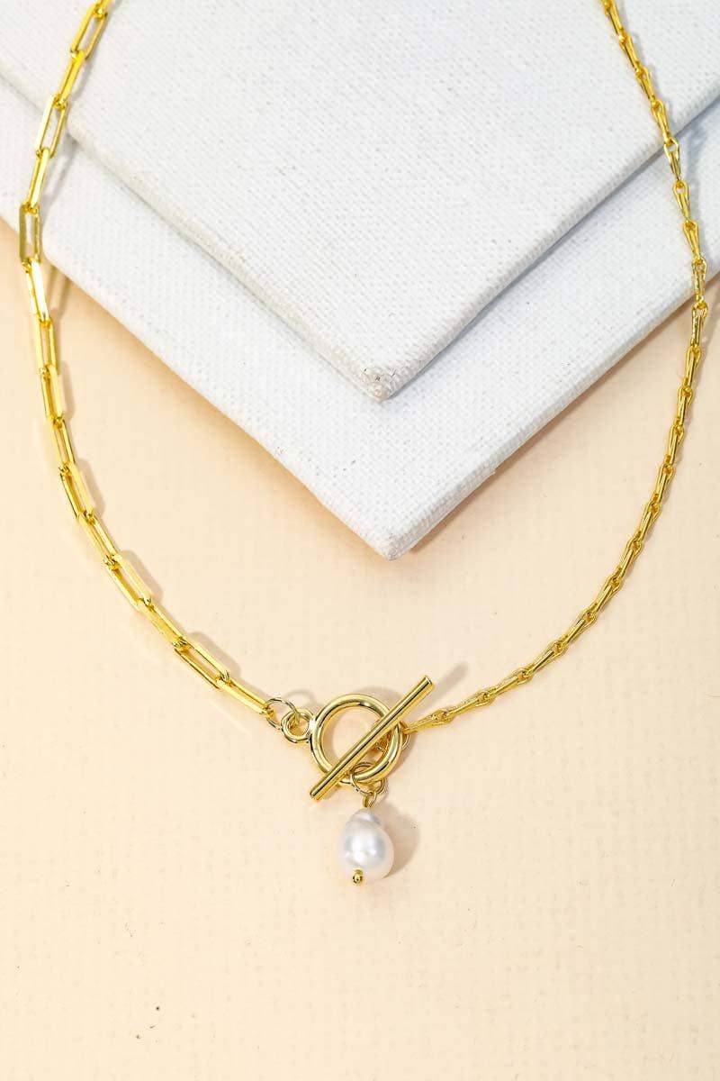 Toggle Chain Pearl Charm Necklace: Gold
