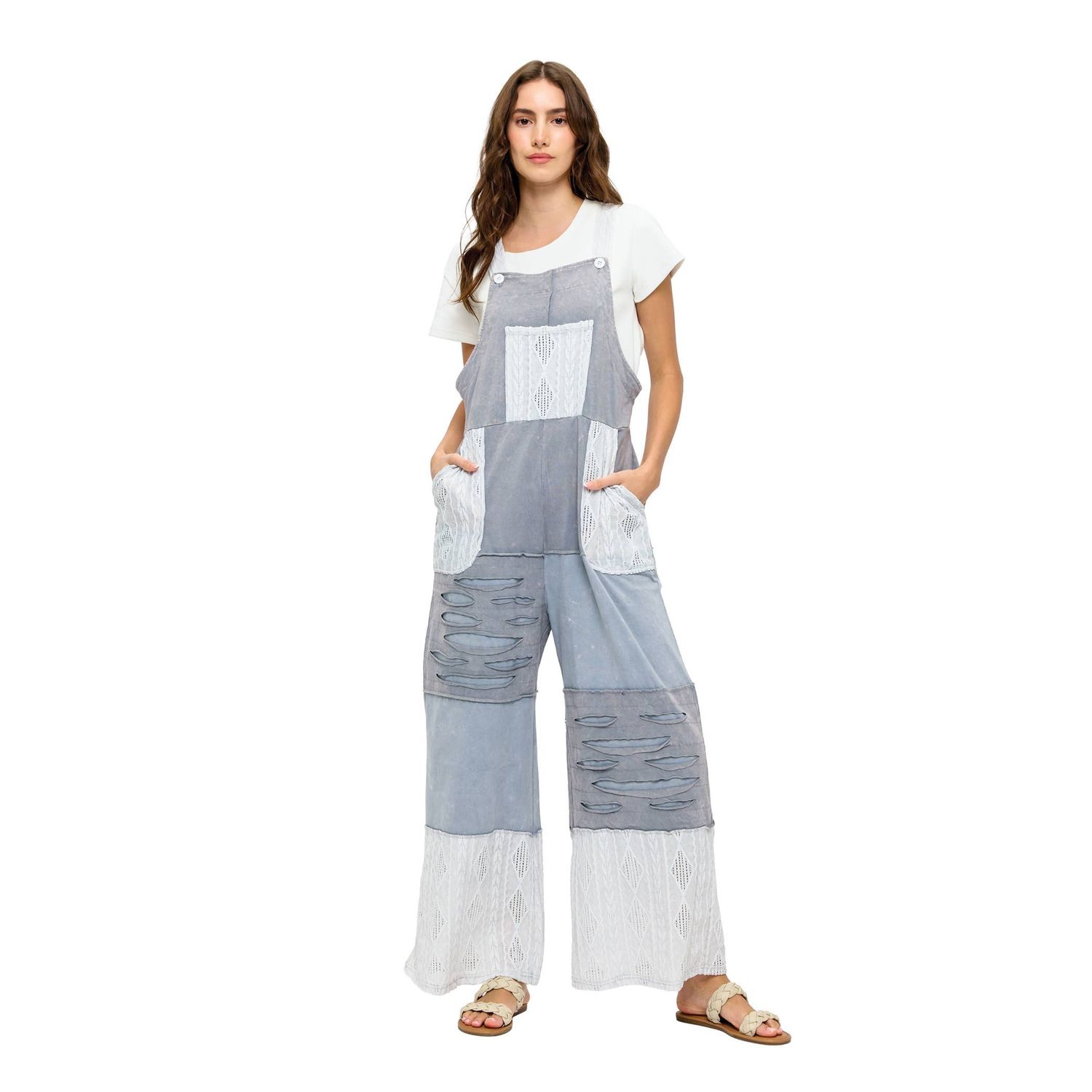 Boho Patchwork Overall Razor Cut Lace: Gray
