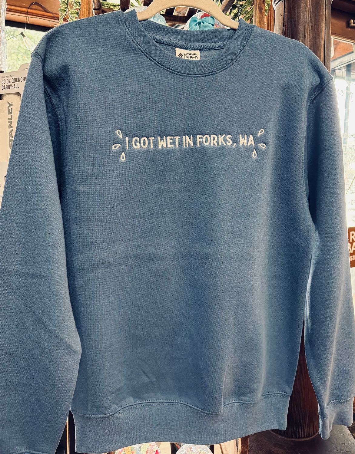I Got Wet In Forks, WA Crewneck, Color: Denim, Size: Small