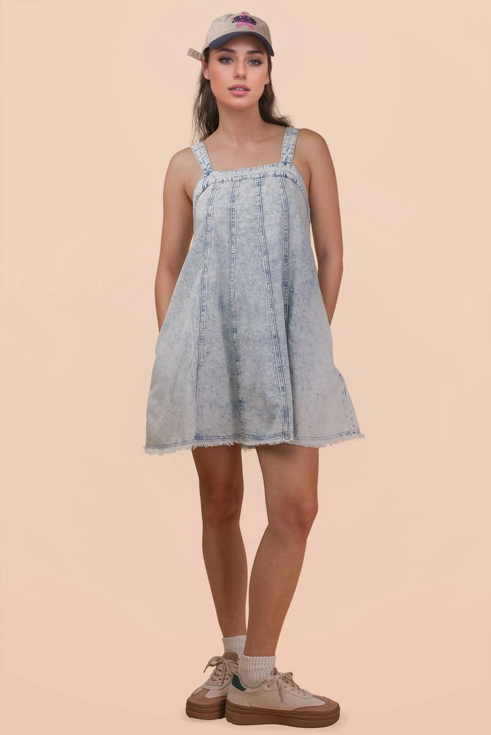 Washed Denim Mini Dress W/ Back Tie