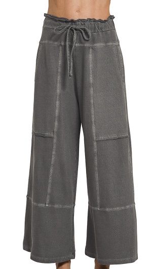 French Terry Exposed Seam Wide Leg Pants, Color: Black, Size: Small