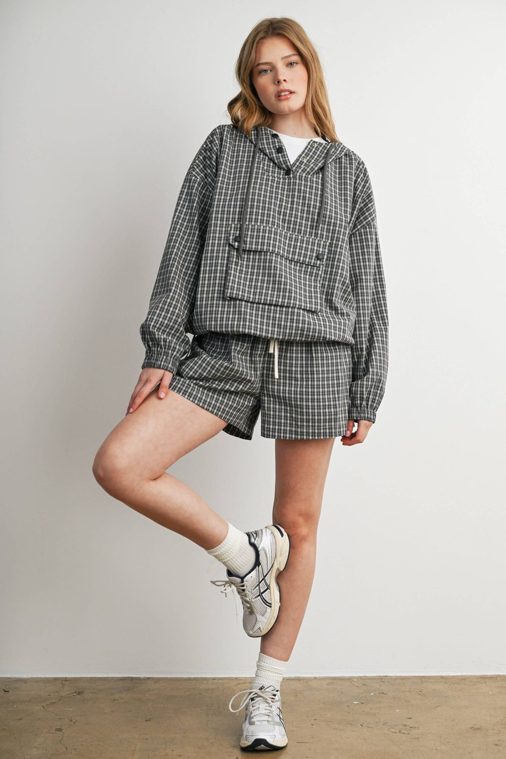 Check Hooded Anorak Top: GREEN