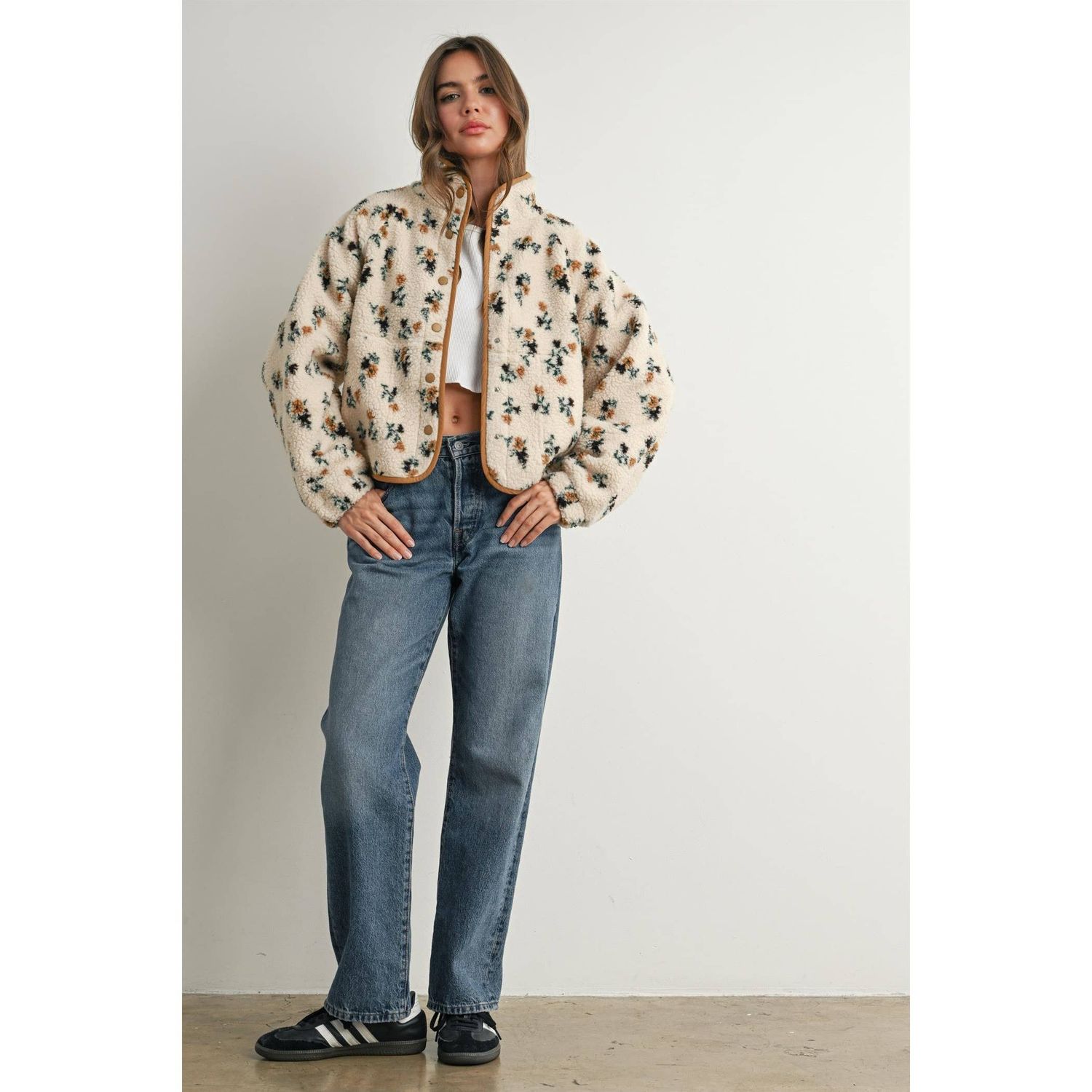Floral Print Fluffy Fleece Jacket - BMJ7811: CREAM / KHAKI / S