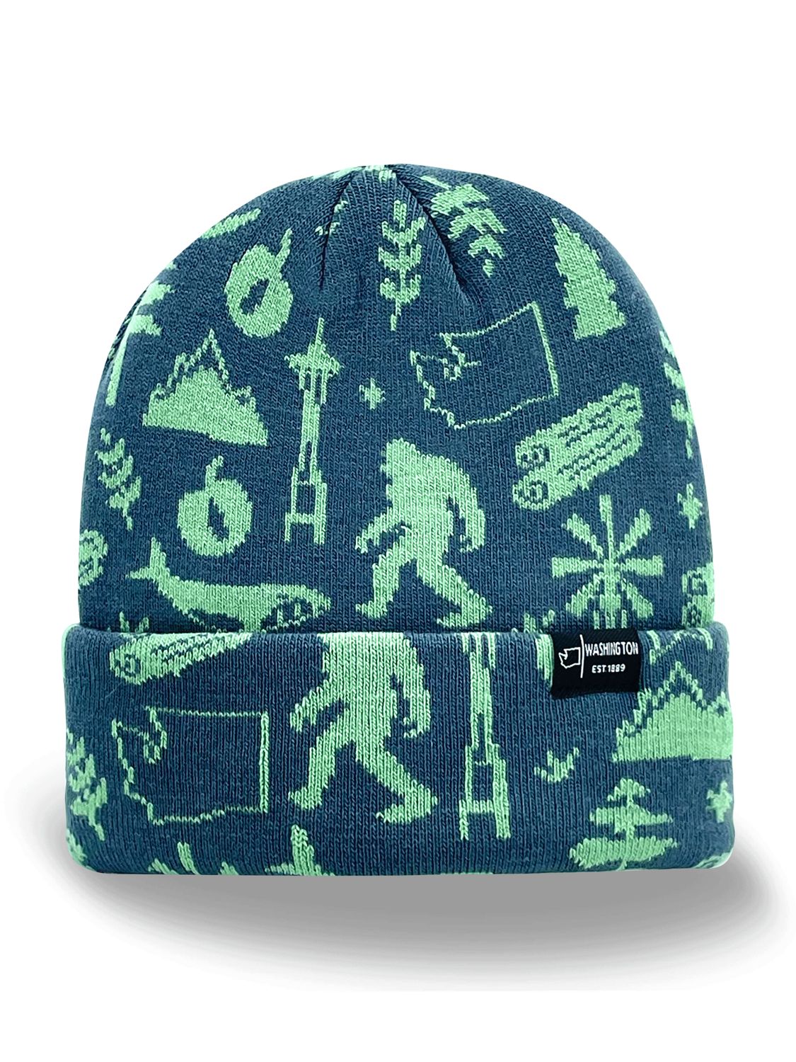 Washington State Knit Beanie Hat with Bigfoot Space Needle and Mountain Scene
