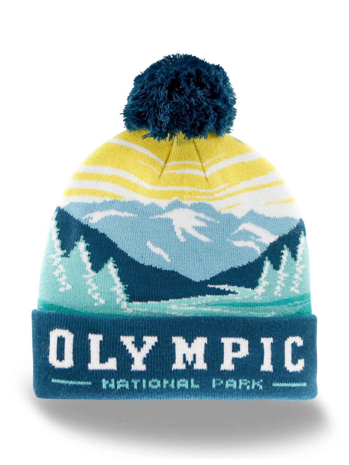 Olympic National Park Beanie Hat Outdoor Hiking Knit Cap with Mountain Sunrise Pom Pom